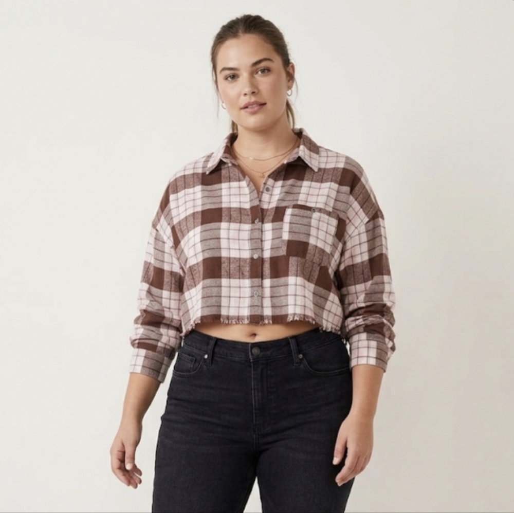 Rue21 Brown and Cream and Pink Plaid Button-Down Shirt Size L